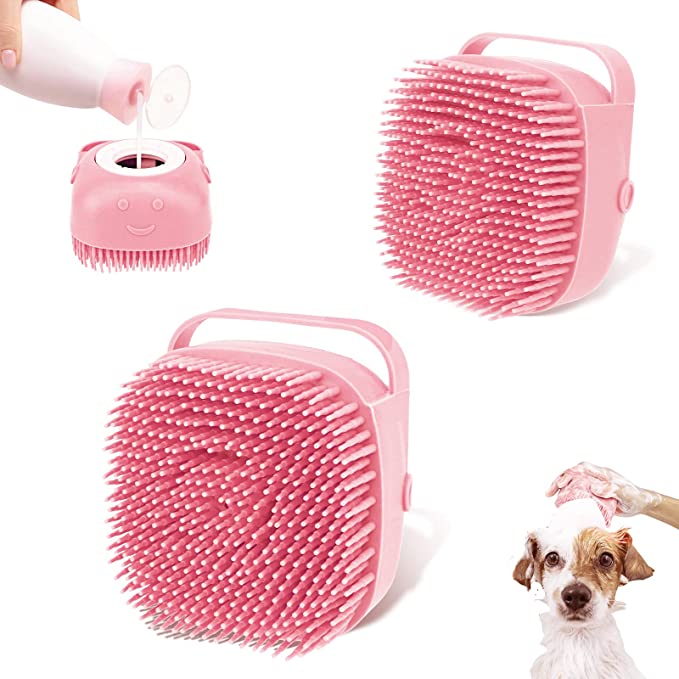 Dog Bath Brush, WIIBROOK 2 Pack Silicone Bath Pet Shampoo Massage Soothing Grooming Shower Brush with Soap Dispenser Rubber Bristles Suitable for Short Long Haired Dog Cat (pink)