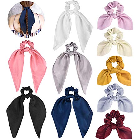 Satin Scarf Hair Scrunchies, Funtopia 10Pcs Ribbon Bow Scrunchies with Solid Colors, Including 5 Satin Hair Scarf & 5 Bunny Ear Scrunchies, Soft Scarf Hair Ties Bowknot Ponytail Holder for Women Girls
