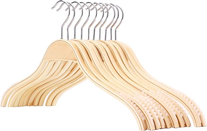 Tebery 12 Pack Wooden Clothes Hangers, Natural Wood Coat Hangers with Non-slip Stripes, 360 Degree Rotatory Hook