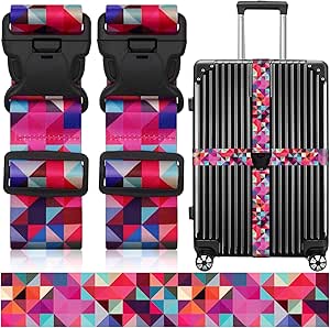 Luggage Straps for Suitcases, Travel Adjustable Belt with Quick Release Buckle, Heavy Duty Nylon Bag Packing Strap, Unique Bright Identifiers Business Travel Accessories (2 Pack)-Colorful Block