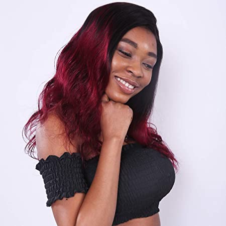RACILY Burgundy Ombre Body Wave Human Hair Wig, Lace Front Black Roots to Dark Red Glueless Brazilian Virgin Hair Wigs, Muticolor 99J Composed of 4x4 Inch Closure & Hair Weave (16" Wig, 150% Density)