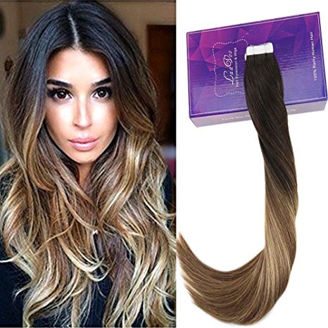 LaaVoo 20" 20pcs/50g Remy Human Hair Tape in Extensions Balayage Ombre Color Darkest Brown 2# to Medium Brown #6 and Ash Blonde