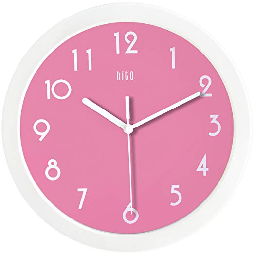 hito Silent Pink Wall Clock, 10 inch Non Ticking Excellent Accurate Sweep Movement Glass Cover, Decorative for Kitchen, Living Room, Bathroom, Bedroom, Office