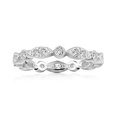 PAVOI 925 Sterling Silver - 14K Gold Plated Cubic Zirconia Band | Round Milgrain Eternity Bands | Gold Rings for Women