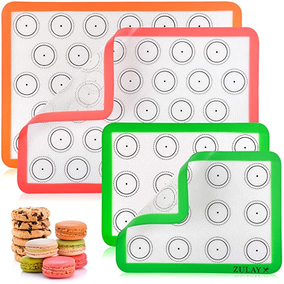 Zulay (Set of 4) Silicone Baking Mat - Macaron Silicone Baking Mats With Pre-printed Template Design - Non Stick & Reusable Silicone Baking Sheet - 2 Half Size   2 Quarter Size (Assorted)