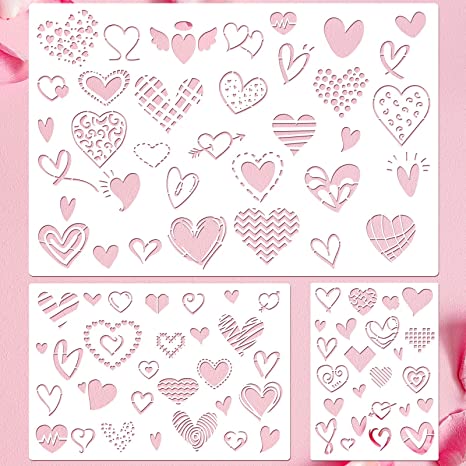 3 Pieces Valentine's Day Stencil Template Heart Painting Stencil Reusable Stencil Drawing Template Set for Valentine's Day DIY Art Notebook Wedding Card Scrapbook