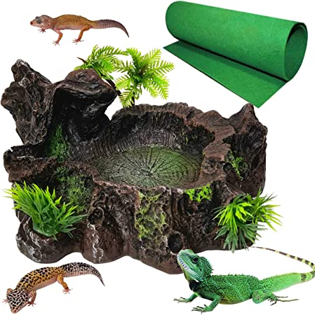 kathson Resin Reptile Platform Food Water Dish Lizard Tank Decor Artificial Tree Trunk for Bearded Dragon Gecko Water Frog Snake 2PCS