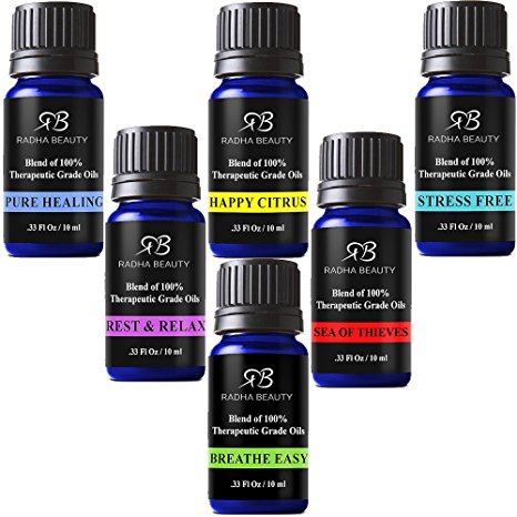 Radha Essential Oil Blends set - 100% Pure Therapeutic Grade oils kit for Aromatherapy Sea of Thieves, Stress Free, Rest & Relax, Breathe Easy, Pure Healing, Happy Citrus, great Gift - 6/10 ml