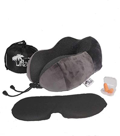 FLAB Travel Neck Pillow Pure Memory Foam 360-Degree Support Breathable & Machine Washable Cover, 3D Eye Mask, Quality Earplugs, Luxury Carrying Bag, Standard, Gray   Bonus !