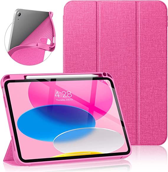 Soke iPad 10th Generation Case 2022 with Pencil Holder (10.9-inch)- Premium Shockproof Case [Auto Sleep/Wake] with Soft TPU Back Cover & Slim Trifold Stand for iPad 10.9 Inch,HotPink