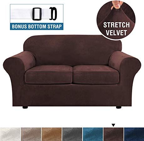 Real Velvet Plush 3 Piece Stretch Sofa Cover Velvet-Sofa Slipcover Loveseat Cover Furniture Protector Couch Soft Loveseat Slipcover for 2 Cushion Couch with Elastic Bottom(Loveseat,Brown)