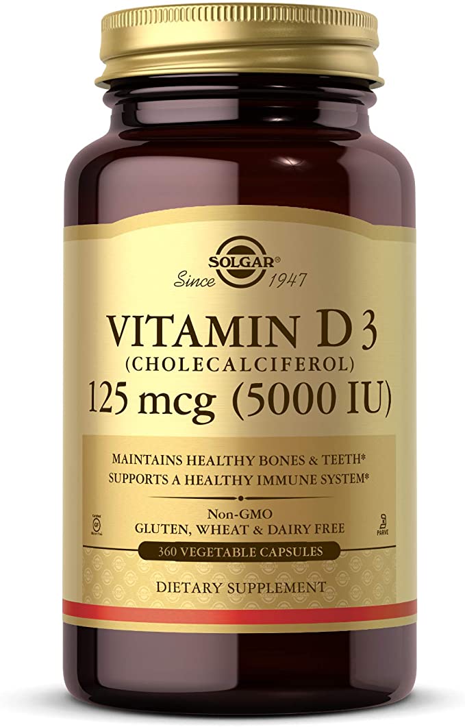 Solgar Vitamin D3 (Cholecalciferol) 125 mcg (5000 IU), 360 Vegetable Capsules - Helps Maintain Healthy Bones & Teeth - Immune System Support - Non-GMO, Gluten Free, Dairy Free, Kosher - 360 Servings