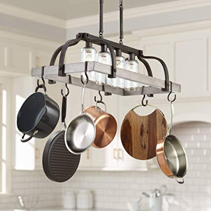 Marsden Bronze Gray Wood Rectangular Pot Rack Pendant Chandelier 36" Wide Rustic Farmhouse Clear Seedy Glass 4-Light Fixture for Dining Room House Island Entryway Living Room - Franklin Iron Works