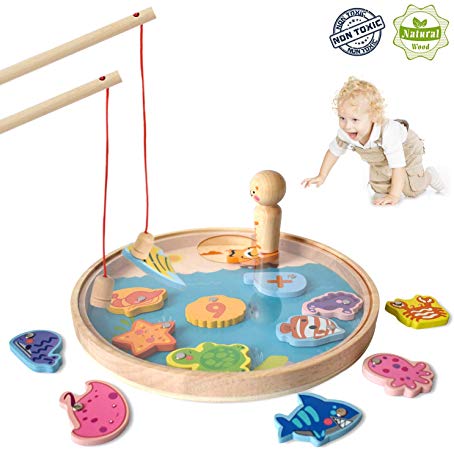 Akamino Wooden Magnetic Fun Fishing Game Toy for Kids with 14 Number Ocean Sea Animals Magnets and 2 Fishing Pole Basic Skills Development Toys for 2 3 Year Old Girl Birthday Party Festival