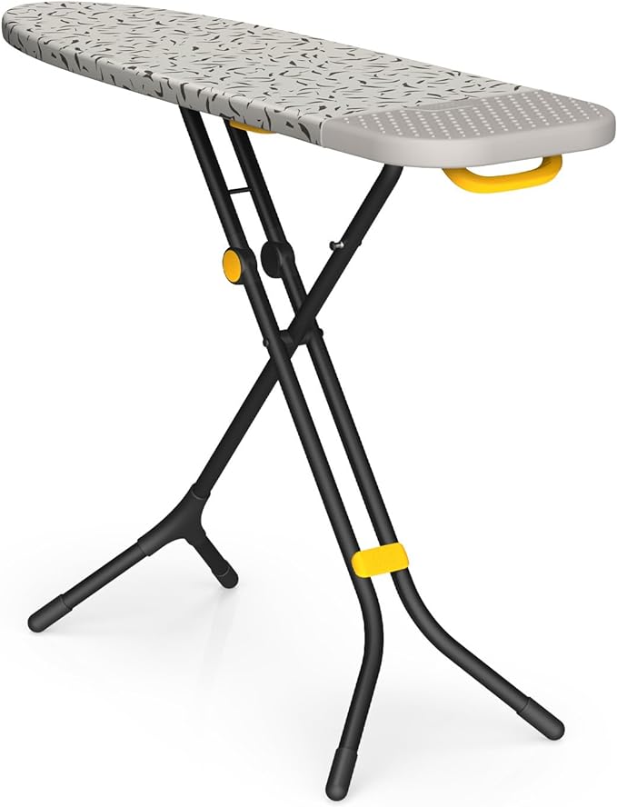 Joseph Joseph Glide Plus Ironing Board 130 x 38cm with Compact Adjustable Legs and Integrated Heat Resistant Steam Iron Rest, Printed Anti-drip Super Absorbent Cotton Cover, Ecru Scatter