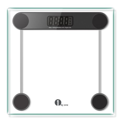 1byone Digital Body Weight Bathroom Scale, 180kg/400lb, Tempered Glass and Step-on Technology, Precision 0.1kg/0.2lb, Black