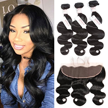 Grace Plus Hair Brazilian Body Wave 3 Bundles with Frontal Ear to Ear Lace Frontal Closure with Bundles Brazilian Hair with Closure Human Hair Extensions Lace Frontal with Baby Hair (14 16 18 12)
