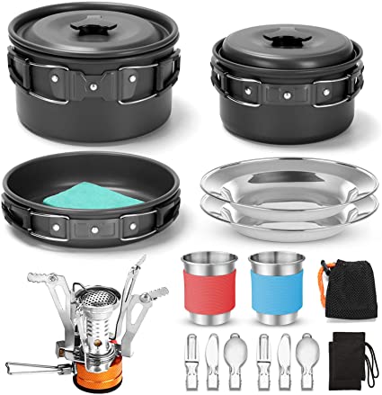 Odoland 16pcs Camping Cookware Mess Kit with Folding Camping Stove, Non-Stick Lightweight Pots Pan Set with Stainless Steel Cups Plates Forks Knives Spoons for Camping, Backpacking, Outdoor Cooking