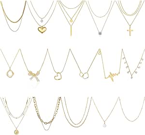 16Pcs Gold Necklaces Set for Women 14k Gold Plated Dainty Trendy Pendant Chain Choker Pack Multilayer Necklace Set for Women Adjustable Jewelry Gift, golden