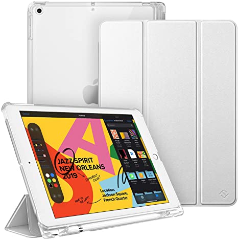 FINTIE Case for iPad 7th Generation 10.2 Inch 2019 with Pencil Holder - Lightweight Slim Shell Stand with Translucent Frosted Back Cover, Supports Auto Wake/Sleep Function, Silver