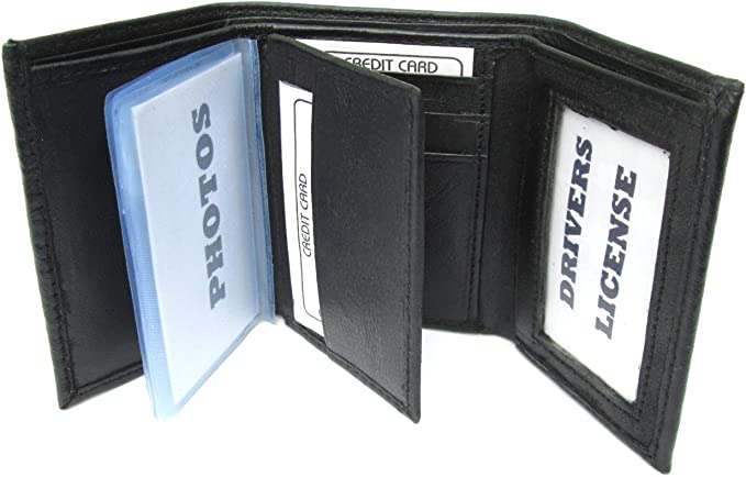 Mens Black Leather Wallet Lamb Classic Trifold 731