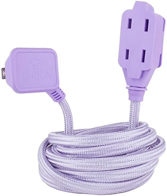 Globe Electric Designer Series 9-ft Fabric Extension Cord, 3 Polarized Outlets, Right Angle Plug, 125 Volts, Metallic Purple 22892