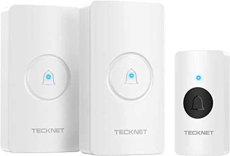 TECKNET Wireless Doorbell, Twin Cordless Doorbell Waterproof Wall Plug-in Door Chime Kit with 400M /1300 Ft Wireless Range, 38 Chimes, 4-Level Volume & Blue LED Light, Best for Plug in Door Entry Bell