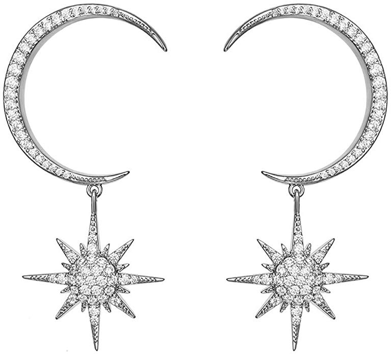 Orris Diamond Cubic Zirconia Mounted Star and Crescent Moon Style Dangle Drop Earrings for Women Girls