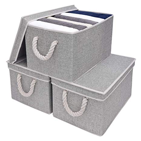 StorageWorks Storage Bins with Lids, Decorative Storage Boxes with Lids and Cotton Rope Handles, Gray, Jumbo, 3-Pack