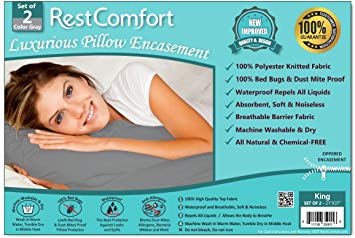 Set of 2 Bed Bug and Dust Mite Bacteria, Allergy Proof / Waterproof Pillow Protectors - Hypoallergenic Breathable and Quite - Zippered Pillow Encasement, RestComfort (King 21"×37", Gray)
