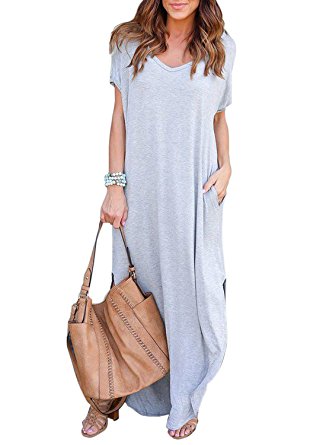 HUSKARY Women's Casual Pocket Beach Long Dress Short Sleeve Split Loose Maxi Dress