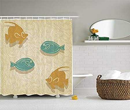 Ambesonne Fish And Waves Shower Curtain Set By, Aquarium Marine Ocean Themed Fishing Decor, Bathroom Accessories, 69W X 70L Inches