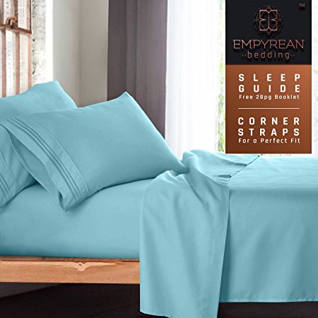 Queen Size Bed Sheets Set, Light Blue Aqua - Soft Luxury Best Quality 4-Piece Bed Set - Features Special Tight Fit Corner Straps on Extra Deep Pocket Fitted Sheets   Fun "Better Sleep Guide"