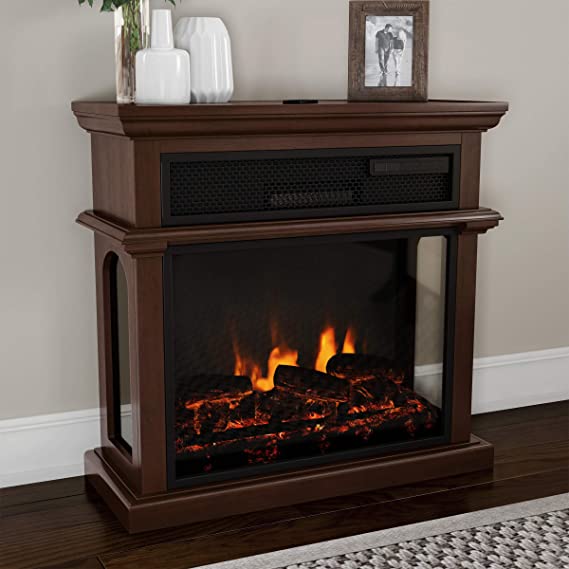 Northwest 80-FPWF-5 Freestanding Electric Fireplace-3-Sided Space Heater with Mantel, Remote Control, LED Flames & Faux Logs, Adjustable Heat & Light (Brown)