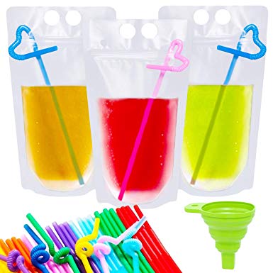 Ouddy 50 Pcs Drink Reusable Juice Pouches Smoothie Stand Up Disposable Plastic Zipper Drink Bags with 50 Straws & Silicone Funnel