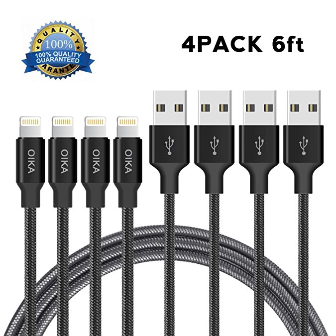 Lightning cable OIKA 4 Pack 6 FT Lightning Connector to Data Syncing Cord Compatible with and Fast Charging Cable for iPhone 8/X/5C/5S/6S/6S PLUS/7/7 / plus, iPad Air, and more (Black)