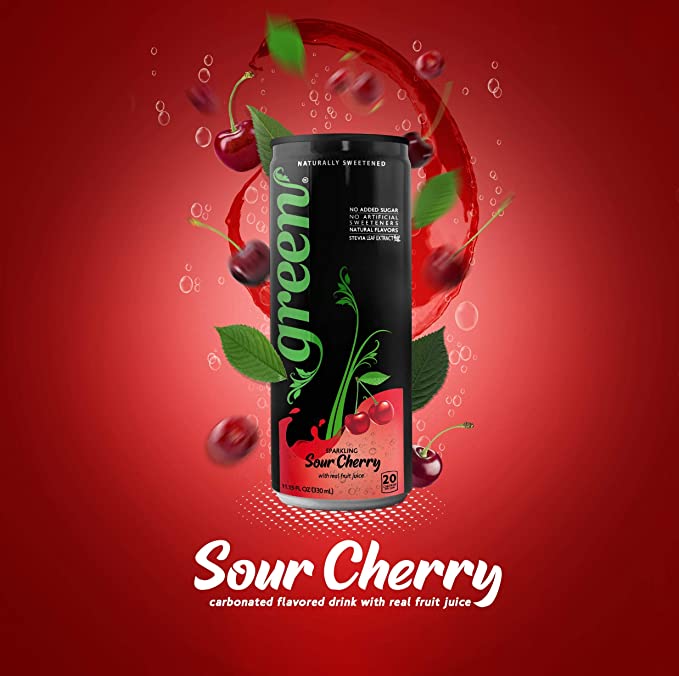 Green Sour Cherry- No added Sugar, 10% Real Sour Cherry Juice, 20 Calories per can, Naturally Sweetened with 100% Stevia Leaf Extract, Carbonated Soda, 11.15 Fl Oz each can - Pack of 6…