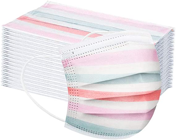 50 Pcs Disposable_Face_Masks for Adults, 3-Ply Non-Woven,Colorful Striped Mouth Bandanas for Women Men