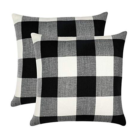 GirlyGirl Boutique Farmhouse Decorative Buffalo Check Plaid Pillow Covers Black and White Classic Linen Throw Pillow Covers for Couch, Bed, Sofa，Pack of 2（18 x 18 Inch）