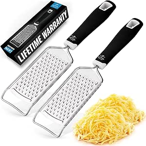 Zulay Kitchen Professional Cheese Grater Stainless Steel - Durable Rust-Proof Metal Lemon Zester Grater With Handle - Flat Handheld Grater For Cheese, Chocolate, Spices, And More - 2 Pack - Black