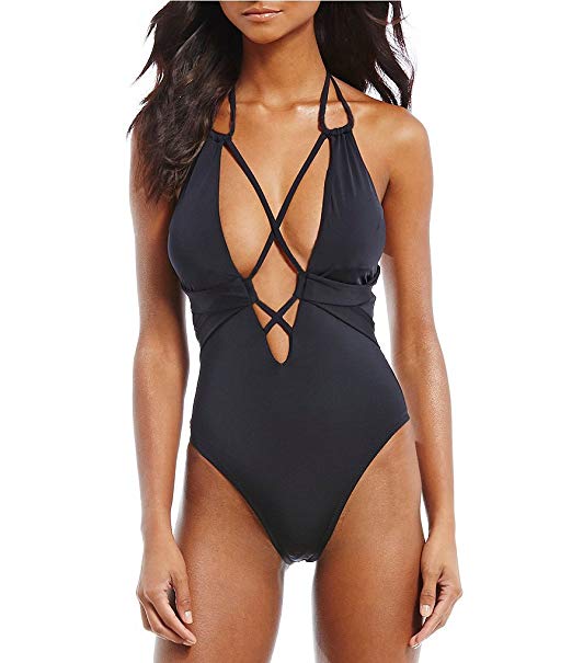 AdoreShe Womens Sexy V-Plunge One-Piece SwimsuitDouble Back Straps Bathing Suit Swimwear