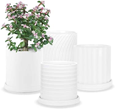 Plant Pots - 4.1 Inch Cylinder Ceramic Planters with Connected Saucer, Pots for Succuelnt and Little Snake Plants, Set of 4, White