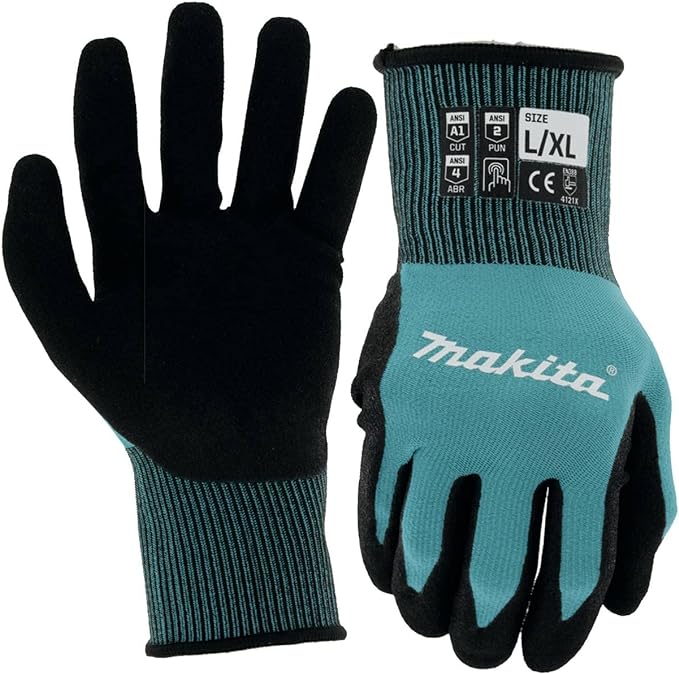 Makita Unisex FitknitÂ T 04123 FitKnit Cut Level 1 Nitrile Coated Dipped Gloves Large X Large, Teal/Black, Large X-Large US