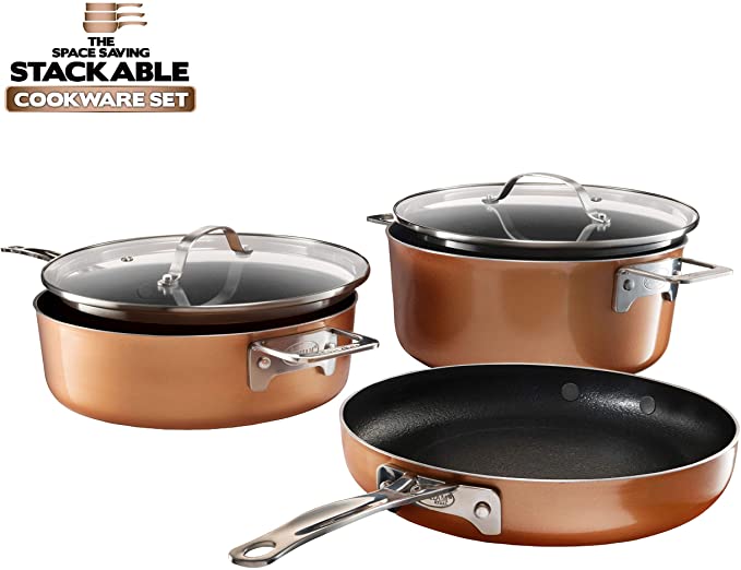 Gotham Steel Stackable Pots and Pans Set – Stackmaster 5 Piece Cookware Set with Ultra Nonstick Cast Texture Ceramic Coating, Saves 30% Space, Sauce Pans, Stock Pots, Skillets & More –Dishwasher Safe