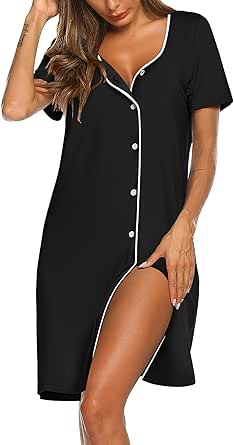 Ekouaer Women's Nightgown Button Down Nightshirt Short Sleeve Sleepshirt Soft V Neck Sleepwear Pajama Dress