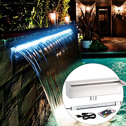 YUDA 35.5" Lighted Waterfall Pool Fountain With LED 7 Color Changing And Remote, Stainless Steel Spillway For Sheer Descent Garden Outdoor