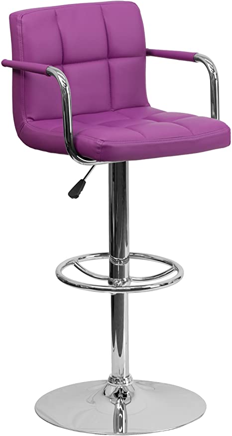 Flash Furniture Contemporary Purple Quilted Vinyl Adjustable Height Barstool with Arms and Chrome Base