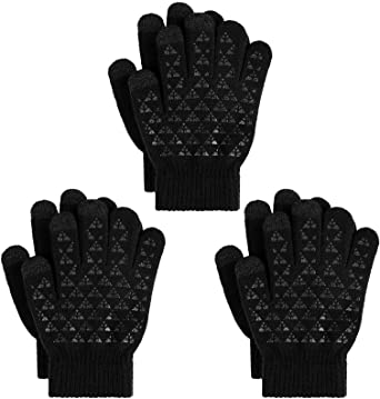 Cooraby 3 Pack Kids Knit Touchscreen Gloves Thick Warm Anti-slip Gloves Soft Stretch Gloves for Boys and Girls