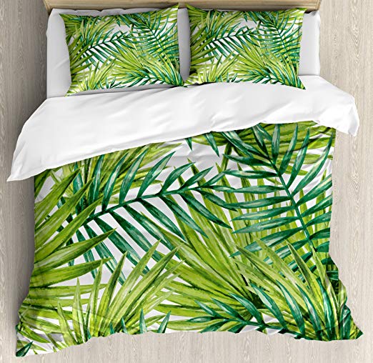 Ambesonne Plant Duvet Cover Set Queen Size, Watercolor Tropical Palm Leaves In Colorful Illustration Natural Feelings Theme, A Decorative 3 Piece Bedding Set with 2 Pillow Shams, Fern Green Lime Green