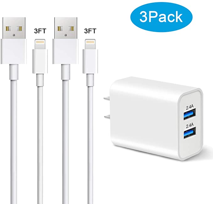 Sundix iPhone Charger, 24W Dual USB Wall Charger with 2Pack 3FT Lightning Cable Charge Sync Fast Charger (3-in-1) Compatible with iPhone 11/XS MAX/XR/X/8/7/6S/6/Plus/5/iPad/iPod